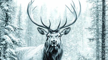Majestic elk in snowy forest winter wonderland; nature scene for calendars, posters
