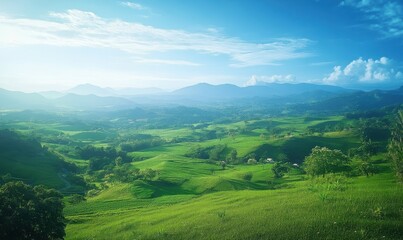 Obraz premium A wide landscape of lush green fields under a bright blue sky, soft morning light enhancing the natural beauty, calm and peaceful vibe