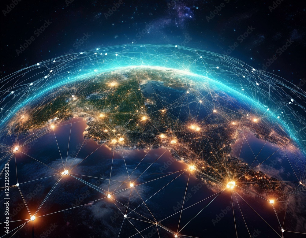 Poster connected network around planet earth from space. generated image