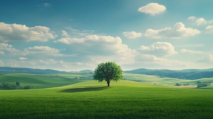 Solitary Tree in Rolling Green Fields Under a Blue Sky