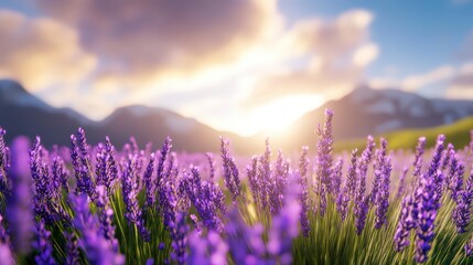 Fototapeta premium A breathtaking view of blooming lavender fields with vibrant purple flowers stretching towards the sunny horizon and majestic mountains in the background, capturing nature's beauty