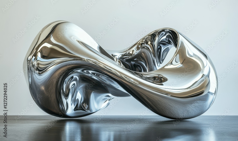 Poster abstract composition of metallic sculptures with smooth curves, soft reflections creating depth and 