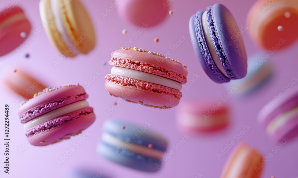 Poster assortment of colorful macarons stacked in a delicate pattern, creating a playful and elegant desser