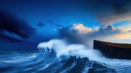 Fototapeta premium A breathtaking view of a powerful ocean wave crashing against a rugged coastline under a dramatic sky