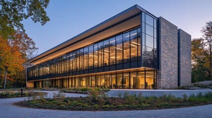 Fototapeta premium Modern glass building surrounded by autumn foliage