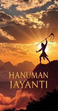 Illustration of silhouette of Hanuman on mountain holding spear in sunlight.