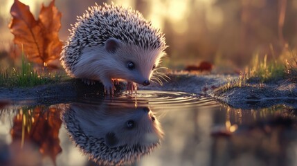 Obraz premium Hedgehog at Sunset: A reflection in autumnal puddle