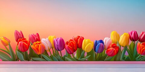 Colorful Tulips Arranged Against A Sunset Background