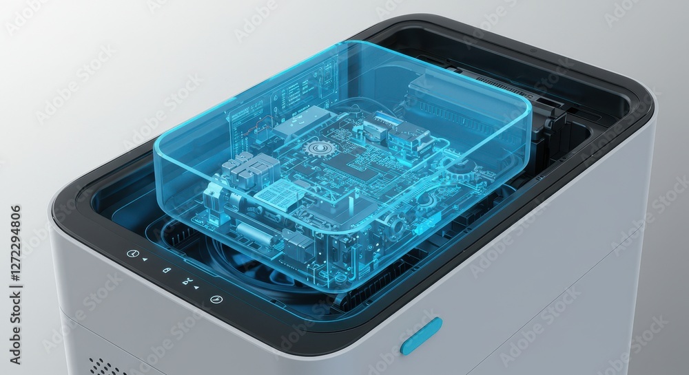 Aufkleber futuristic 3d printer with transparent circuit display for innovative technology concepts