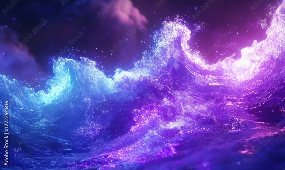 Poster abstract digital wave of glowing neon particles, vibrant blue and purple tones creating depth, futur