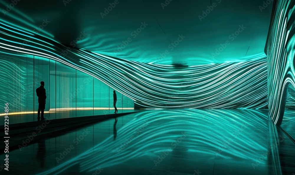 Poster abstract digital waves of glowing neon lines in blue and green tones, soft reflections creating dept