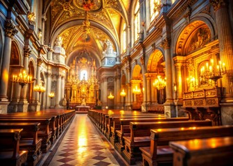 Fototapeta premium Lisbon Church Interior: Soft Bokeh & Golden Light Stock Photo
