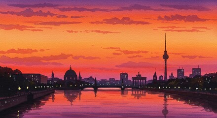 Vibrant sunset over berlin skyline reflected in spree river