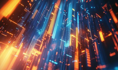 Abstract financial data visualization with glowing graphs and charts in vibrant blue and orange hues, futuristic stock market concept, dynamic and bold tones