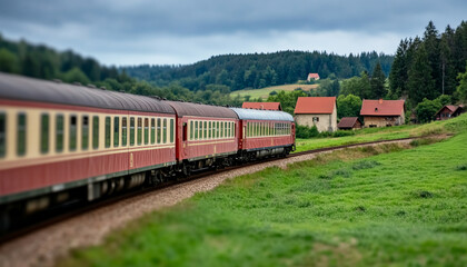 Fototapeta premium Train traveling through a scenic countryside landscape.