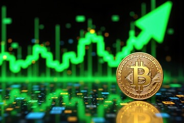 Bitcoin Cryptocurrency with Rising Market Trends and Green Graphs