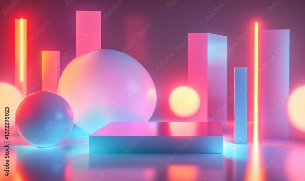 Poster abstract geometric shapes glowing in vibrant neon tones, soft reflections creating depth, futuristic
