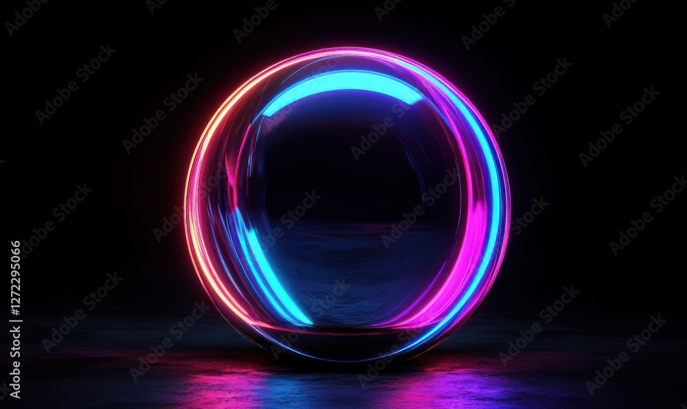 Aufkleber abstract glass orb reflecting colorful neon lights, soft glowing reflections creating a futuristic e