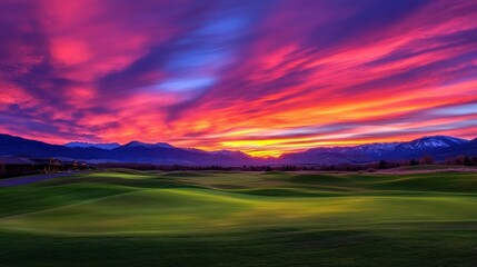 Obraz premium A breathtaking sunset over rolling hills, painted in vibrant hues of pink and purple, contrasting against the silhouette of distant mountains
