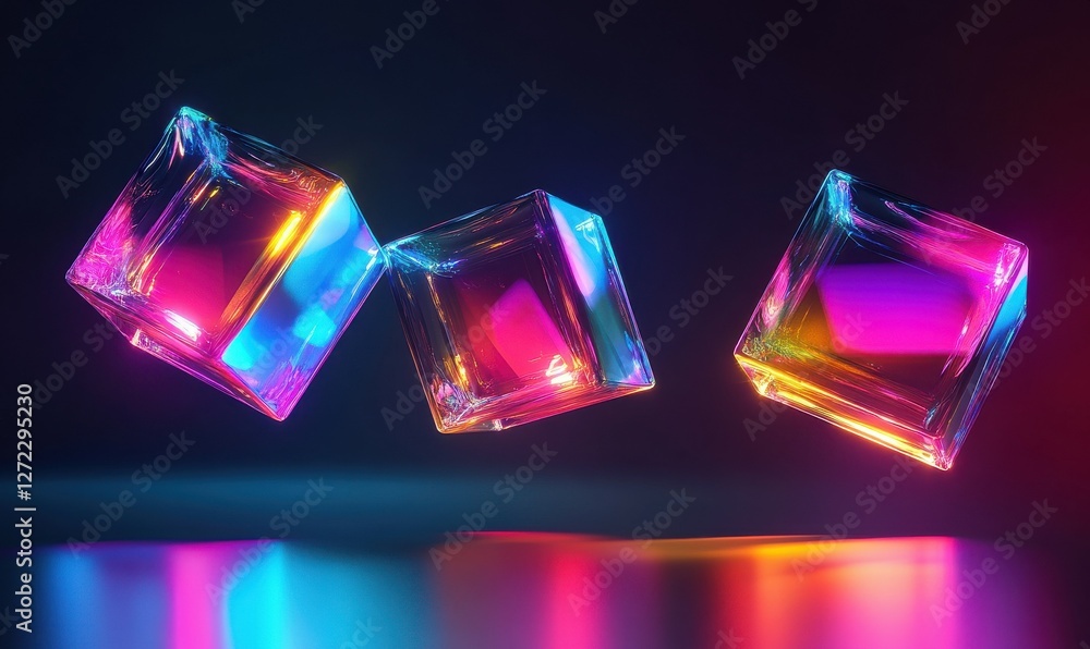 Poster abstract glowing holographic cubes floating mid-air, vibrant neon tones creating depth, futuristic a