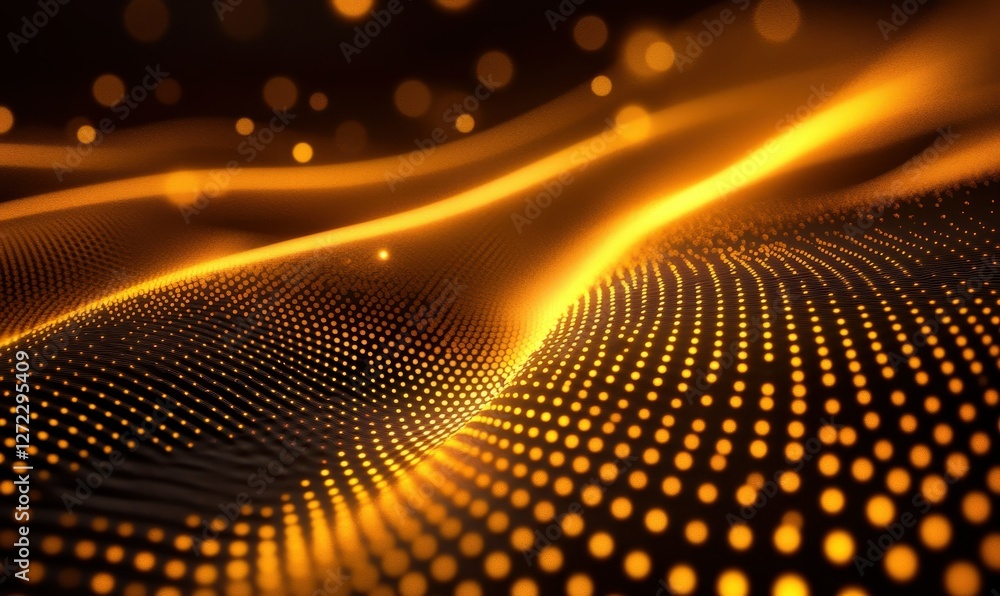 Poster abstract golden particles glowing in dark space, soft reflections creating depth and contrast, festi