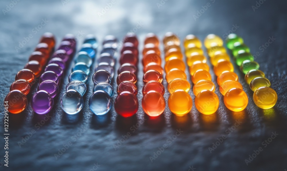 Poster abstract macro shot of colorful beads arranged neatly on a soft surface, soft lighting enhancing the