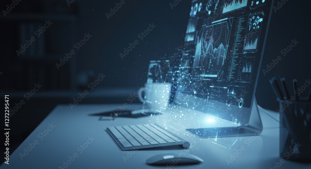 Poster futuristic digital workspace with holographic data visualizations