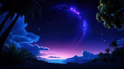 A breathtaking night scene featuring a vibrant galaxy arching over a tranquil ocean, surrounded by lush palm trees