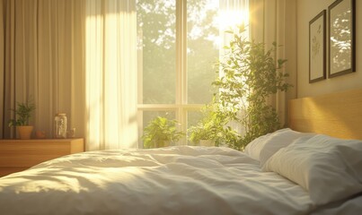 Cozy bedroom with soft white bedding, a light wooden headboard, and warm morning sunlight streaming through large windows.