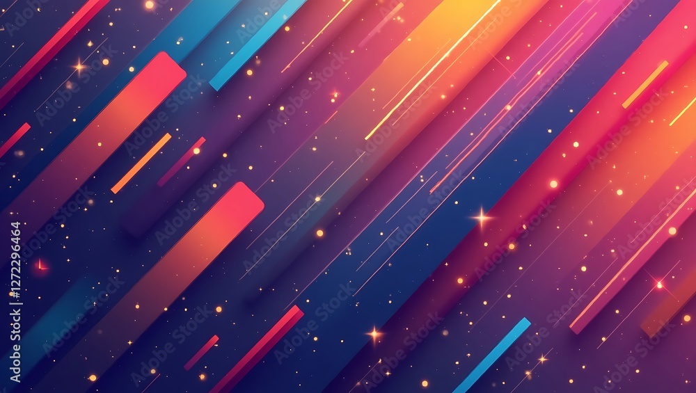 Poster vibrant abstract background with diagonal streaks of blue, pink, orange, and purple glowing dots and