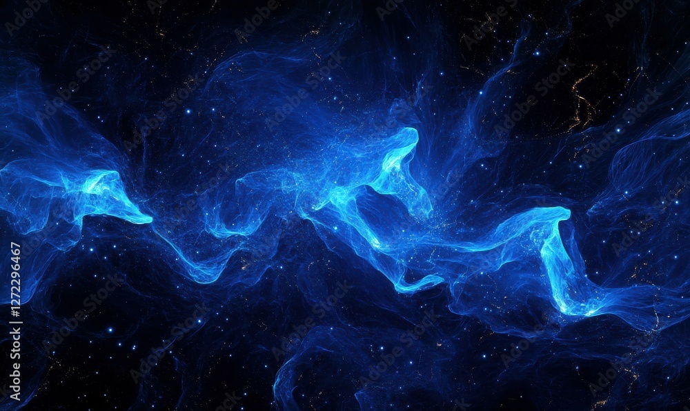 Poster abstract dark blue digital background with sparkling blue light particles and areas with deep depths