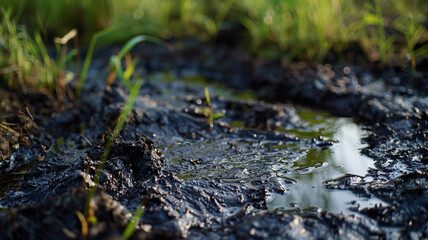 Soil Contaminated by Petroleum: An image showing soil with dark petroleum stains, highlighting the environmental risks and contamination from oil spills.