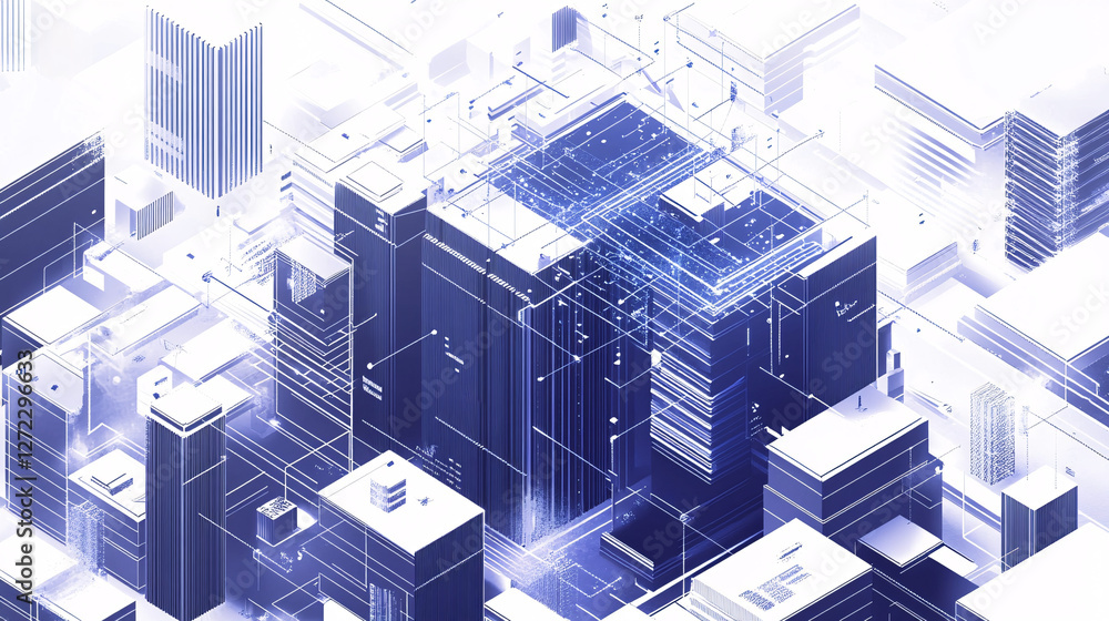 Poster a futuristic high-tech cityscape with glowing blue elements highlighting smart infrastructure in an 