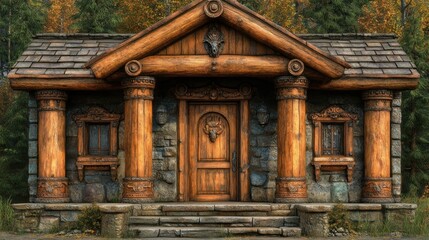 Rustic log cabin, forest backdrop, autumn, entryway, home design