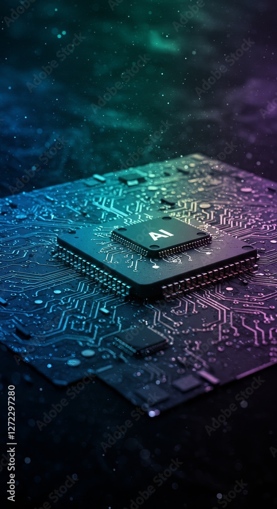 Poster futuristic ai circuit board with neon glowing elements in a dark environment