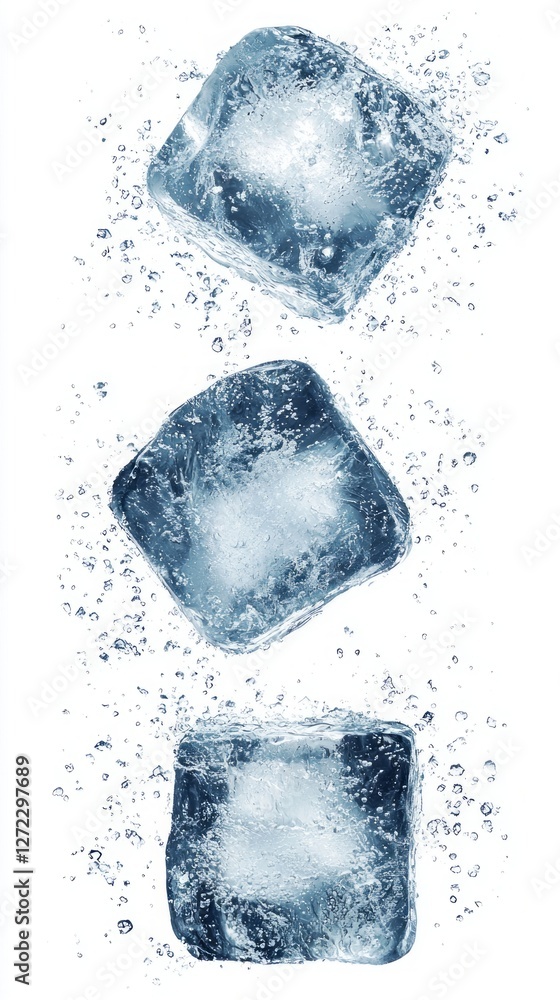 Aufkleber Three crystalline ice cubes are captured mid-flight, creating a captivating splash in clear water