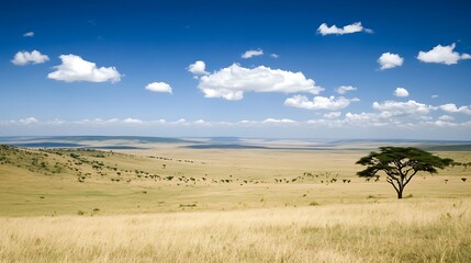 Obraz premium Serengeti Landscape Under a Blue Sky With Clouds
