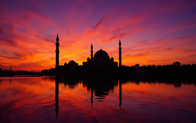 Fototapeta premium Silhouette of mosque at sunset reflecting on water