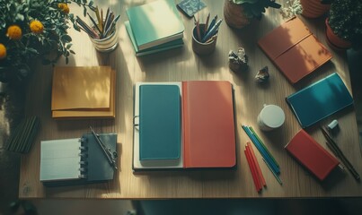 Creative flat lay of colorful stationery arranged aesthetically on a wooden desk under soft natural light.