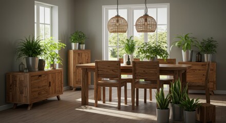 Cozy dining room with wooden furniture and lush green plants in natural light
