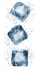Obraz premium Three crystalline ice cubes are captured mid-flight, creating a captivating splash in clear water