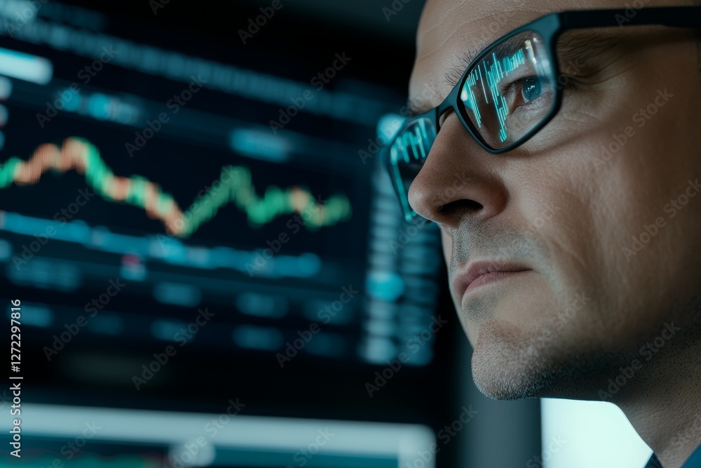Poster man wearing glasses is looking at a computer screen with a lot of numbers