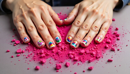 Fototapeta premium Colorful Holi nail art design on hands with pink powder, festive creativity