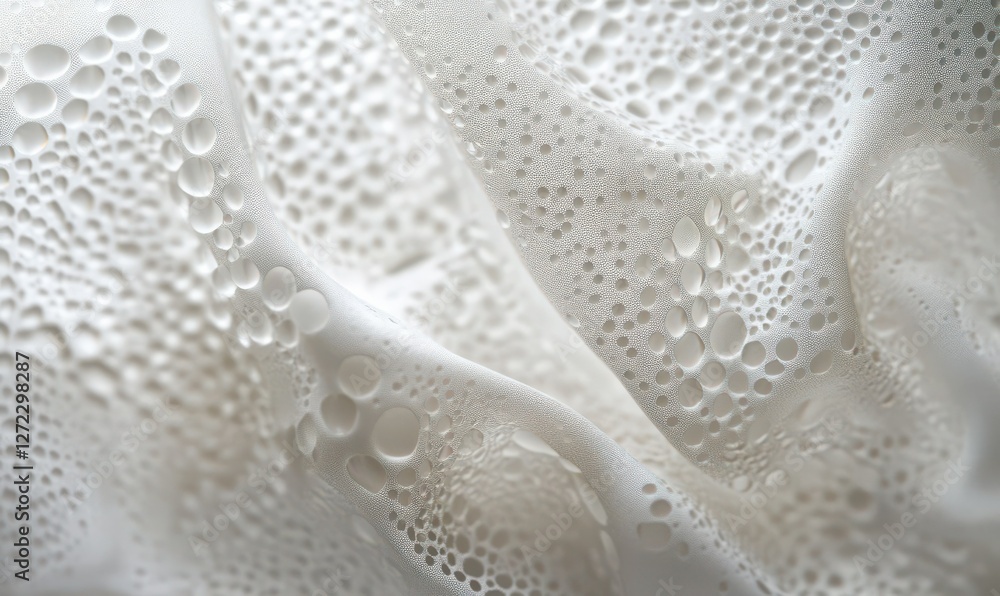 Poster white textured fabric with circular patterns and delicate flowing folds.