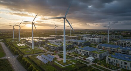 Modern sustainable community with wind turbines and solar panels at sunset