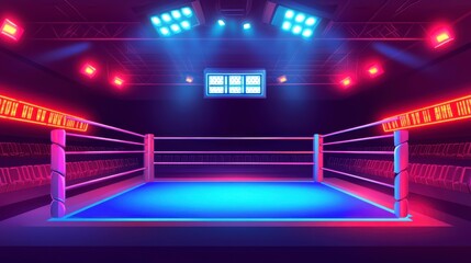 Boxing ring, neon lights, arena.  Interior view.  Stock photo