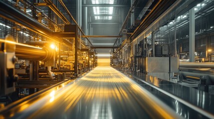 Industrial Factory Conveyor Belt System: Metal, Steel, and Gold Lighting