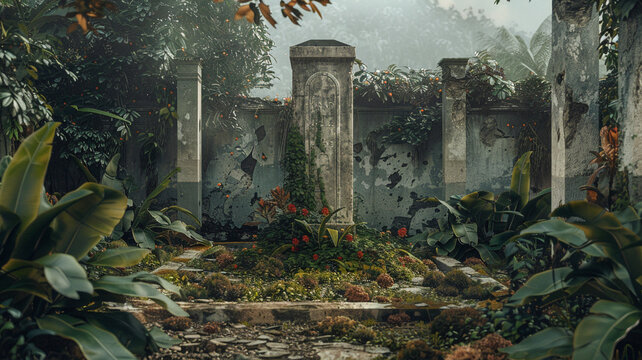 War Memorial in Ruins: A military memorial in a dilapidated state, surrounded by overgrown weeds and crumbling stone, emphasizing the cost of war and remembrance.