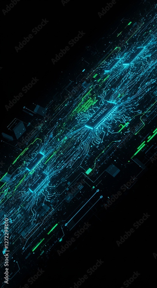 Poster futuristic digital circuit board with glowing neon elements and complex patterns