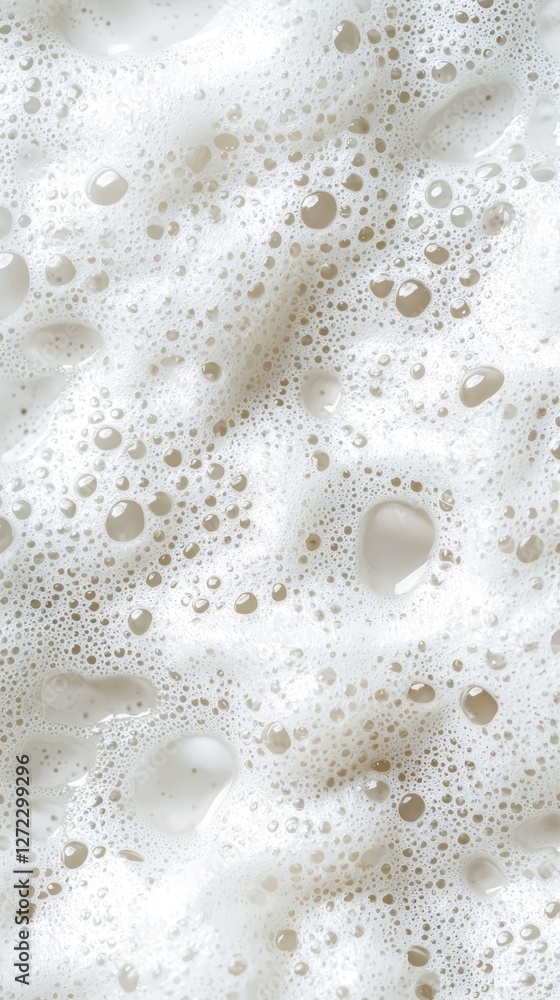 Poster soft, white soap foam cascades over a surface, featuring a mosaic of tiny bubbles and glossy peaks